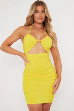 Rebellious Fashion Yellow Halter Neck Cut Out Mini Dress - Jorji