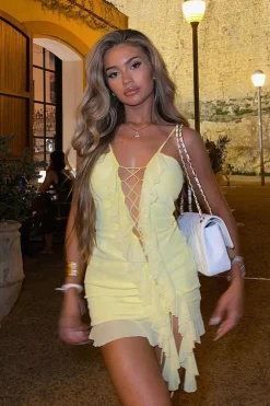 Rebellious Fashion Yellow Lace Up Front Frill Detail Mini Dress - Anika