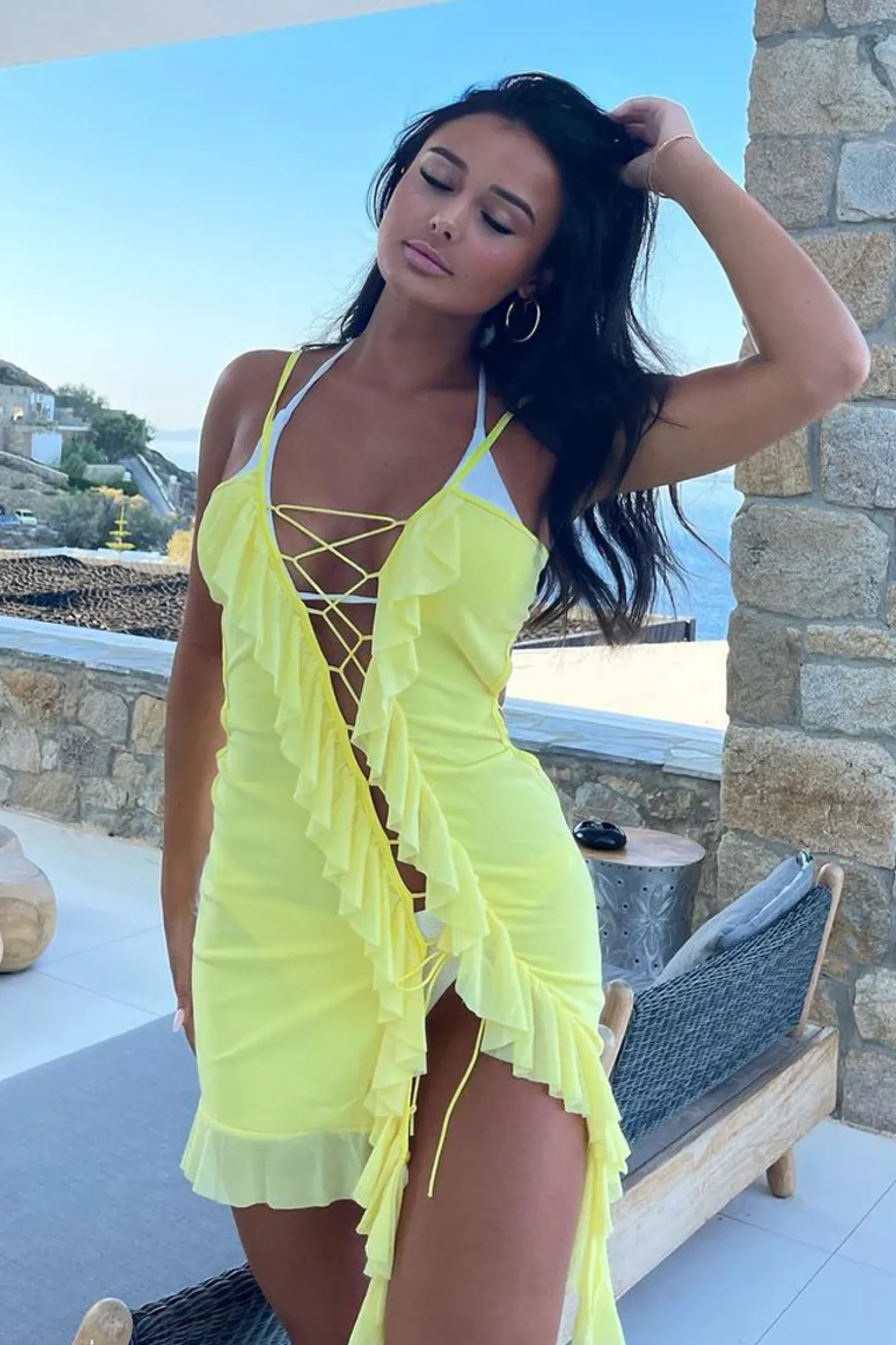 Rebellious Fashion Yellow Lace Up Front Frill Detail Mini Dress - Anika
