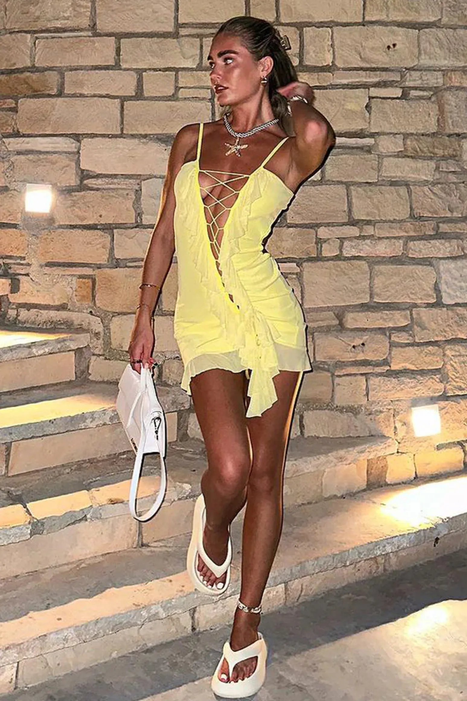 Rebellious Fashion Yellow Lace Up Front Frill Detail Mini Dress - Anika