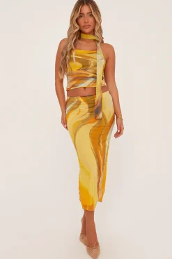 Rebellious Fashion Yellow Abstract Print Bandeau Crop Top & Midi Skirt Co-ord Set - Savannah