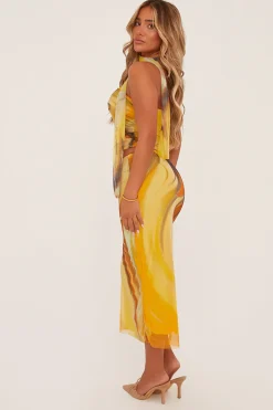 Rebellious Fashion Yellow Abstract Print Bandeau Crop Top & Midi Skirt Co-ord Set - Savannah