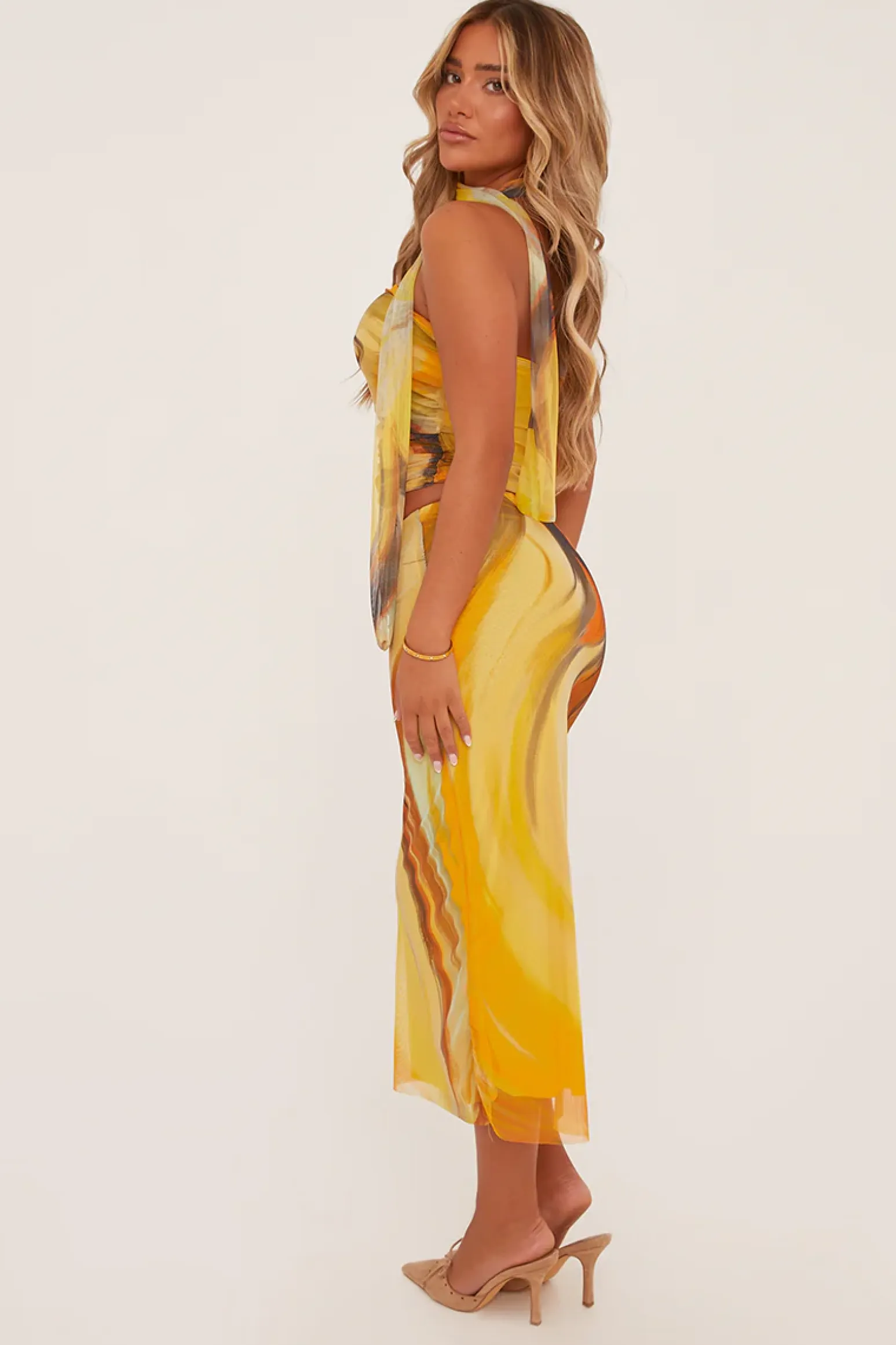 Rebellious Fashion Yellow Abstract Print Bandeau Crop Top & Midi Skirt Co-ord Set - Savannah