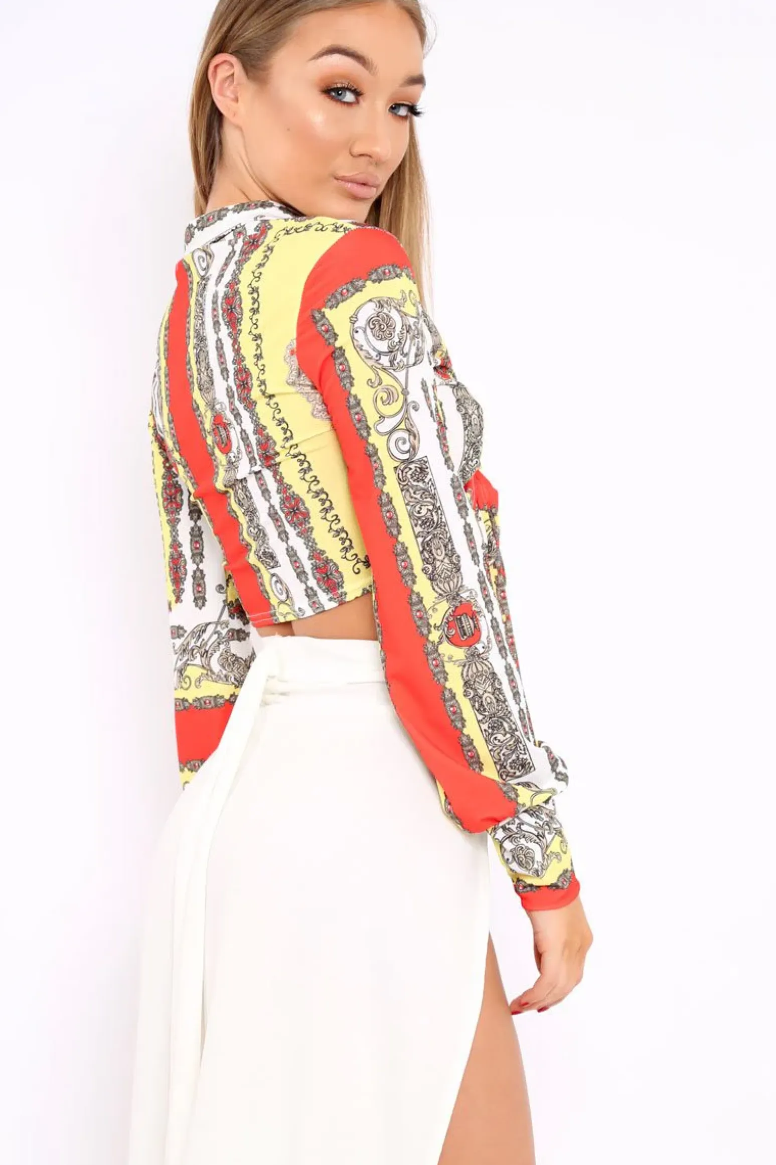 Rebellious Fashion Yellow and Orange Slinky Tie Front Plunge Crop Top - Catie