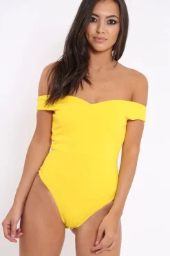 Rebellious Fashion Yellow Bardot Bodysuit with V dip front - Hettie