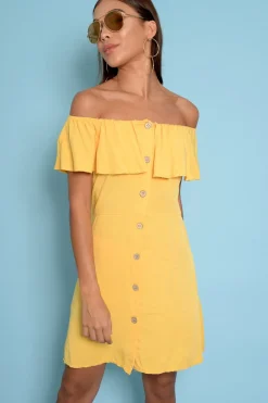 Rebellious Fashion Yellow Bardot Frill Button Front Dress - Julissa