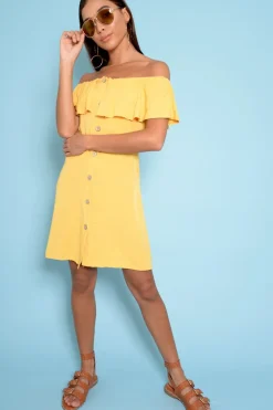 Rebellious Fashion Yellow Bardot Frill Button Front Dress - Julissa