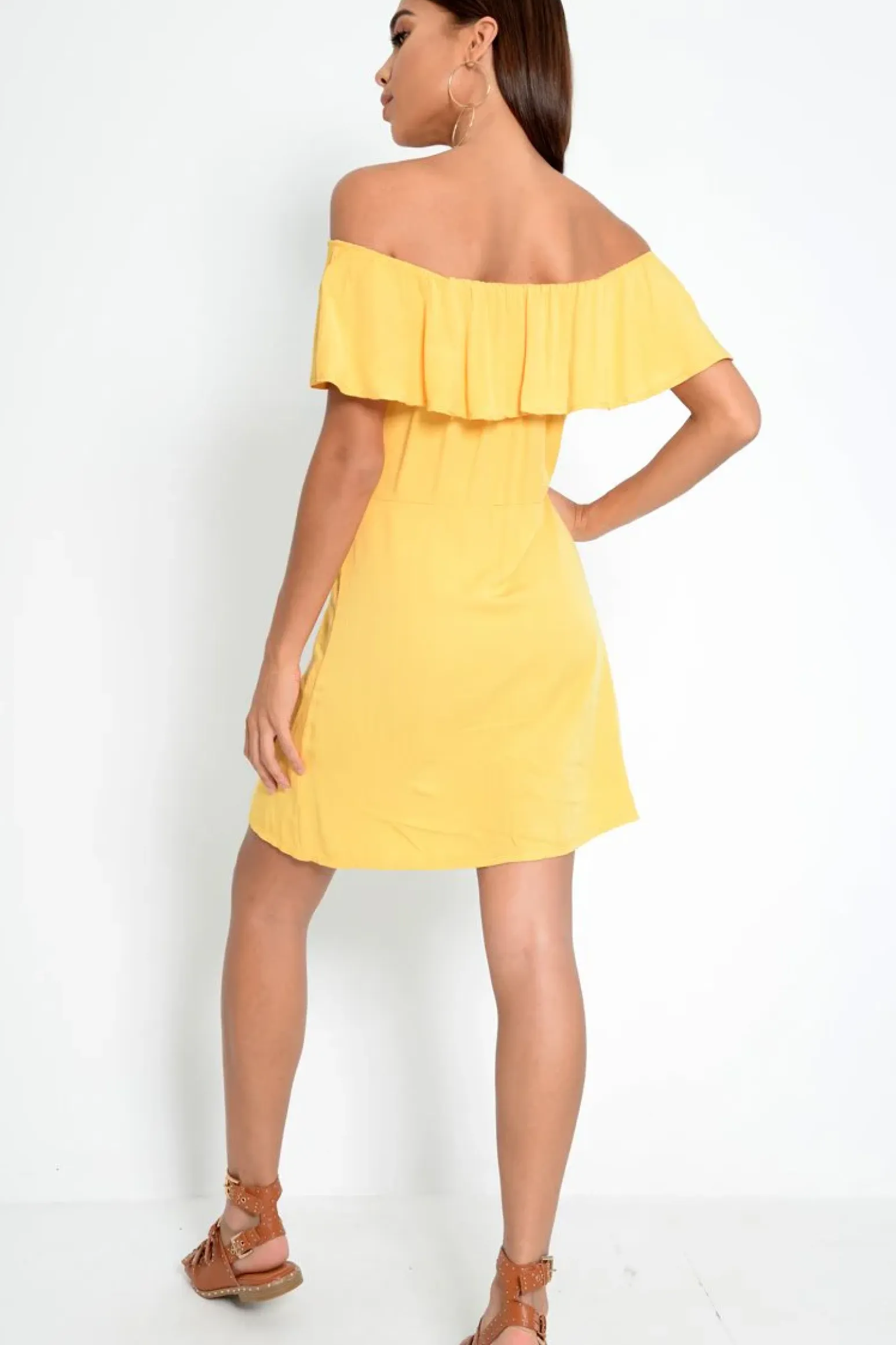 Rebellious Fashion Yellow Bardot Frill Button Front Dress - Julissa