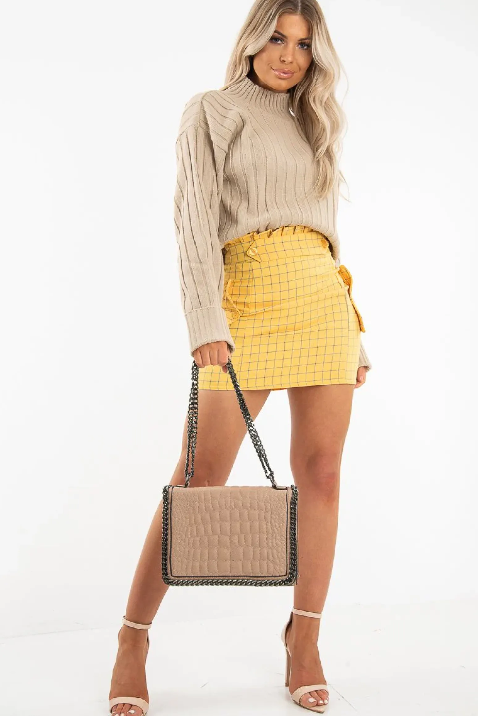 Rebellious Fashion Yellow Blue Check Ruffle Waist Zip Front Skirt - Izzie