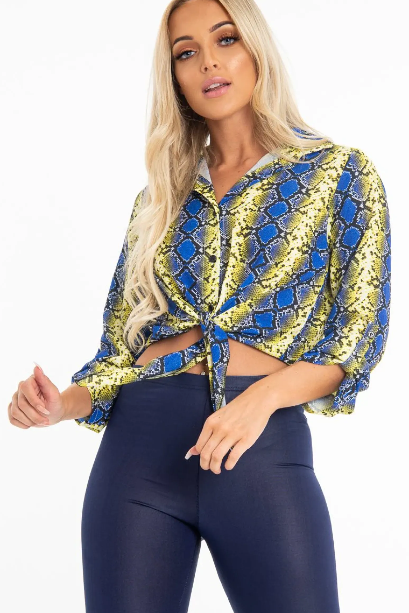 Rebellious Fashion Yellow Blue Snake Oversized Button Down Shirt - Sopha
