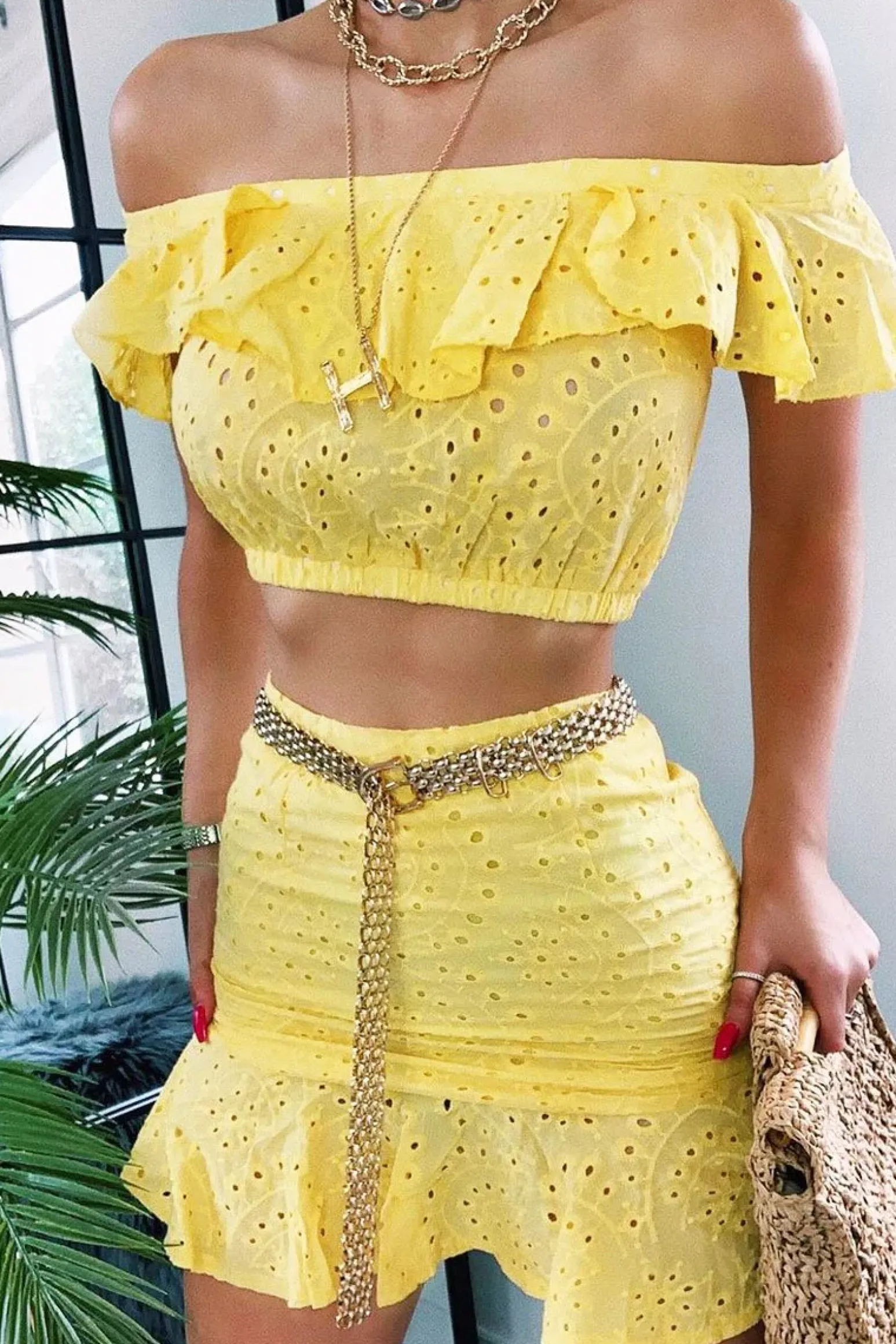 Rebellious Fashion Yellow Broderie Lace Bardot Crop Top Skirt Co-Ord - Dahlia