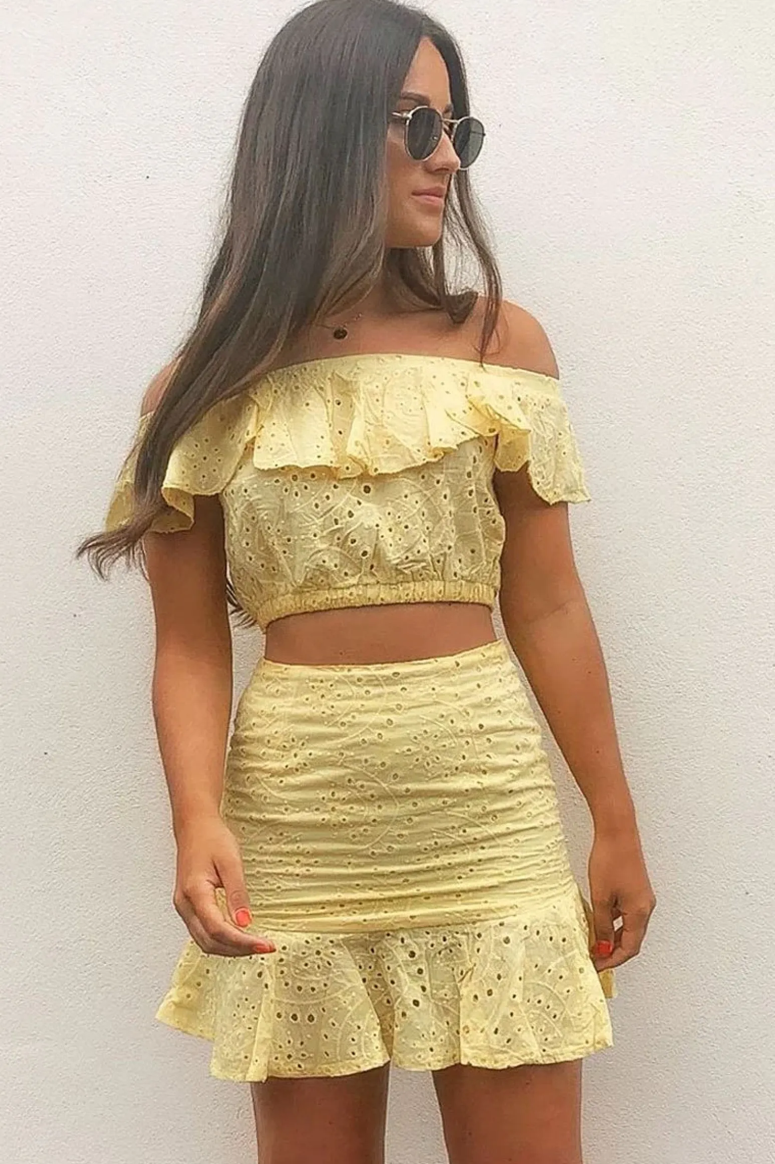 Rebellious Fashion Yellow Broderie Lace Bardot Crop Top Skirt Co-Ord - Dahlia