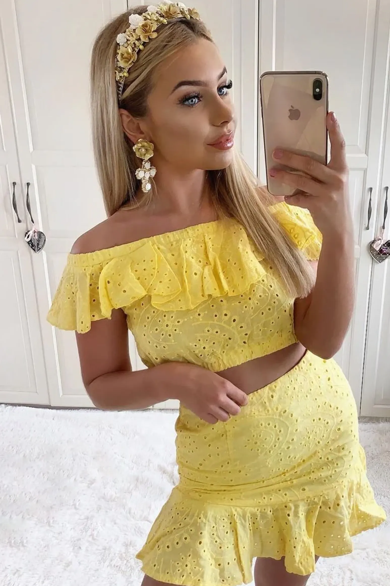 Rebellious Fashion Yellow Broderie Lace Bardot Crop Top Skirt Co-Ord - Dahlia