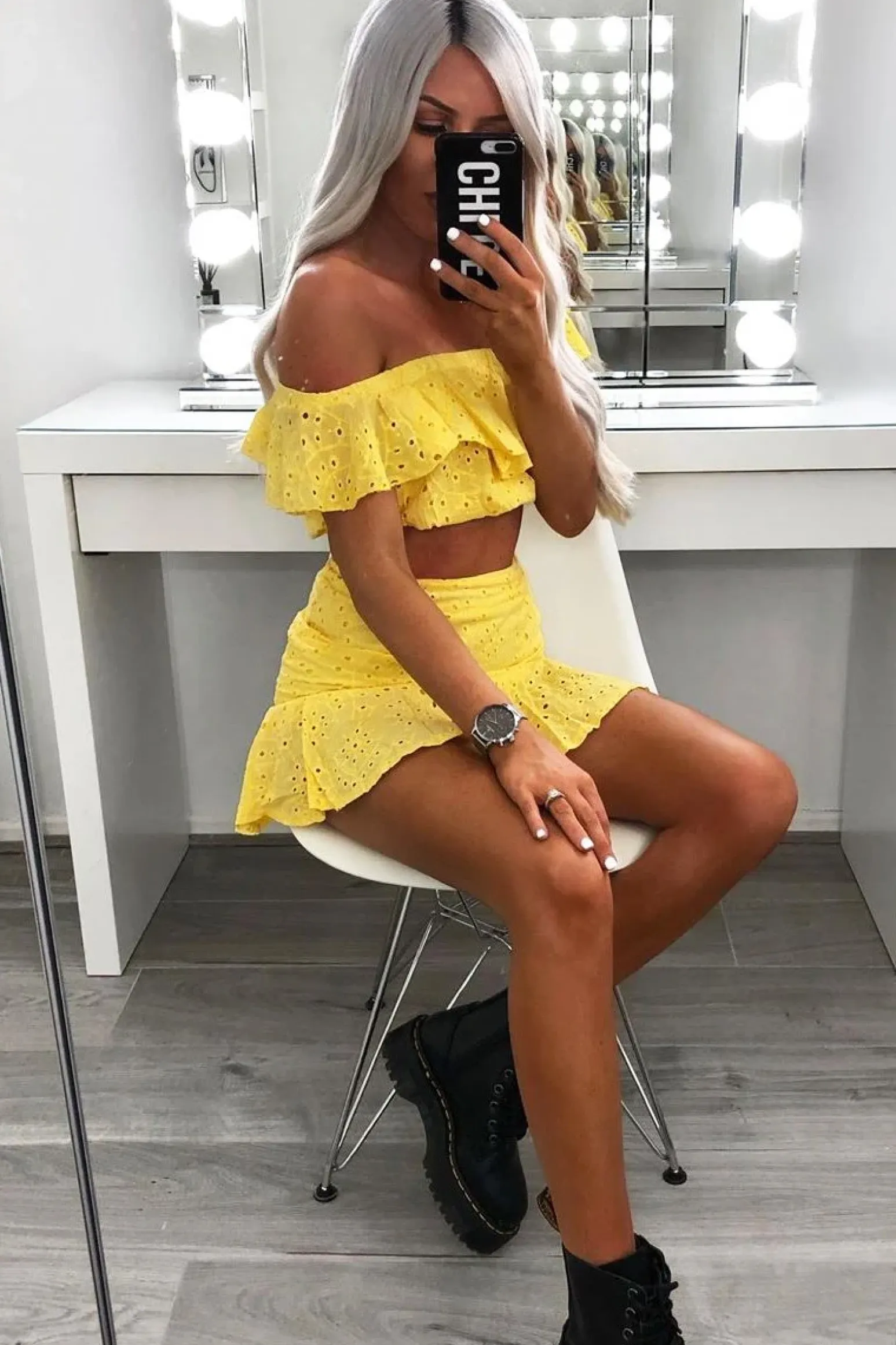 Rebellious Fashion Yellow Broderie Lace Bardot Crop Top Skirt Co-Ord - Dahlia