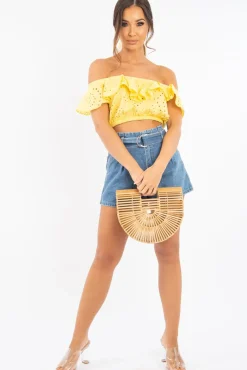 Rebellious Fashion Yellow Broderie Lace Bardot Crop Top - Jaidy