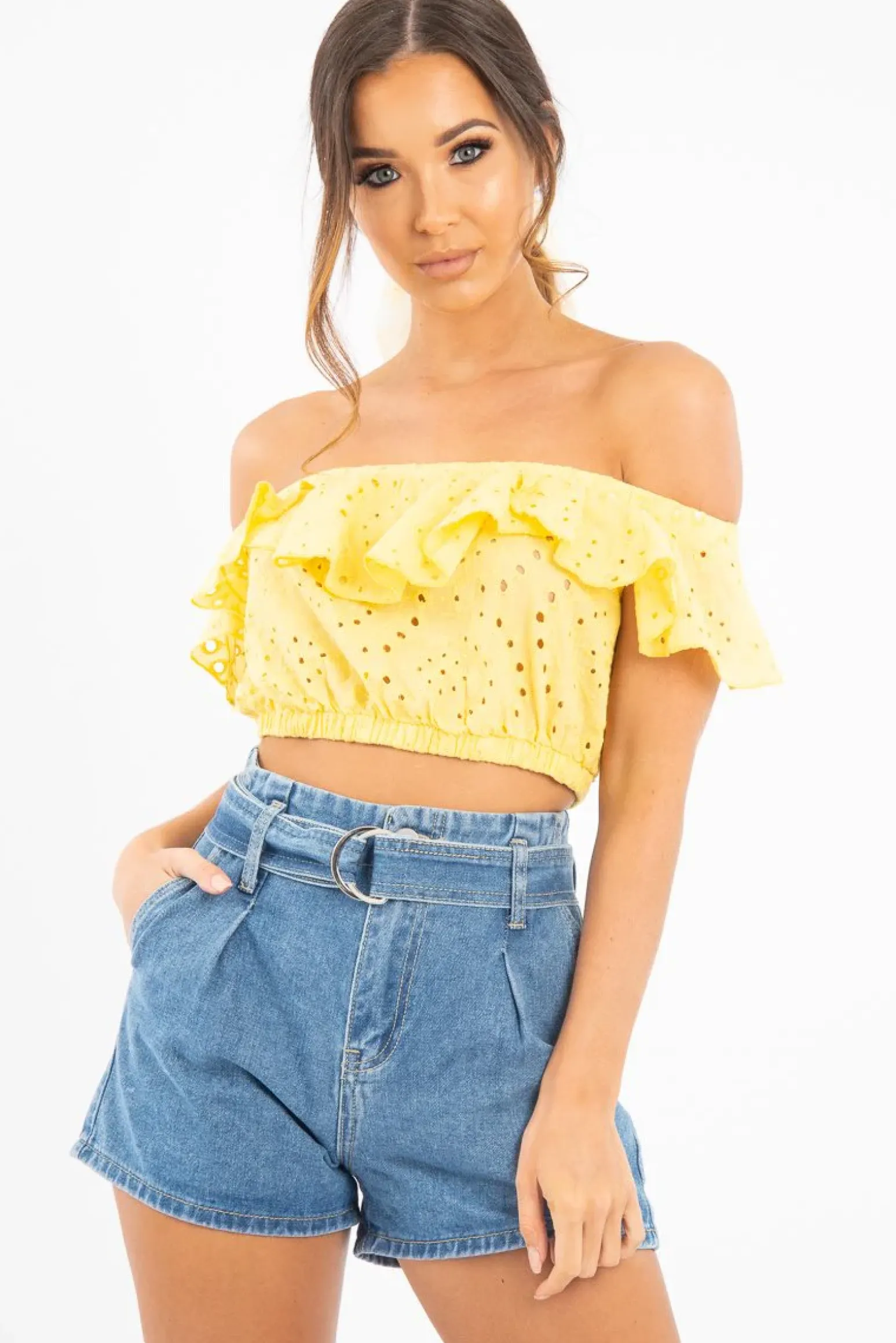 Rebellious Fashion Yellow Broderie Lace Bardot Crop Top - Jaidy
