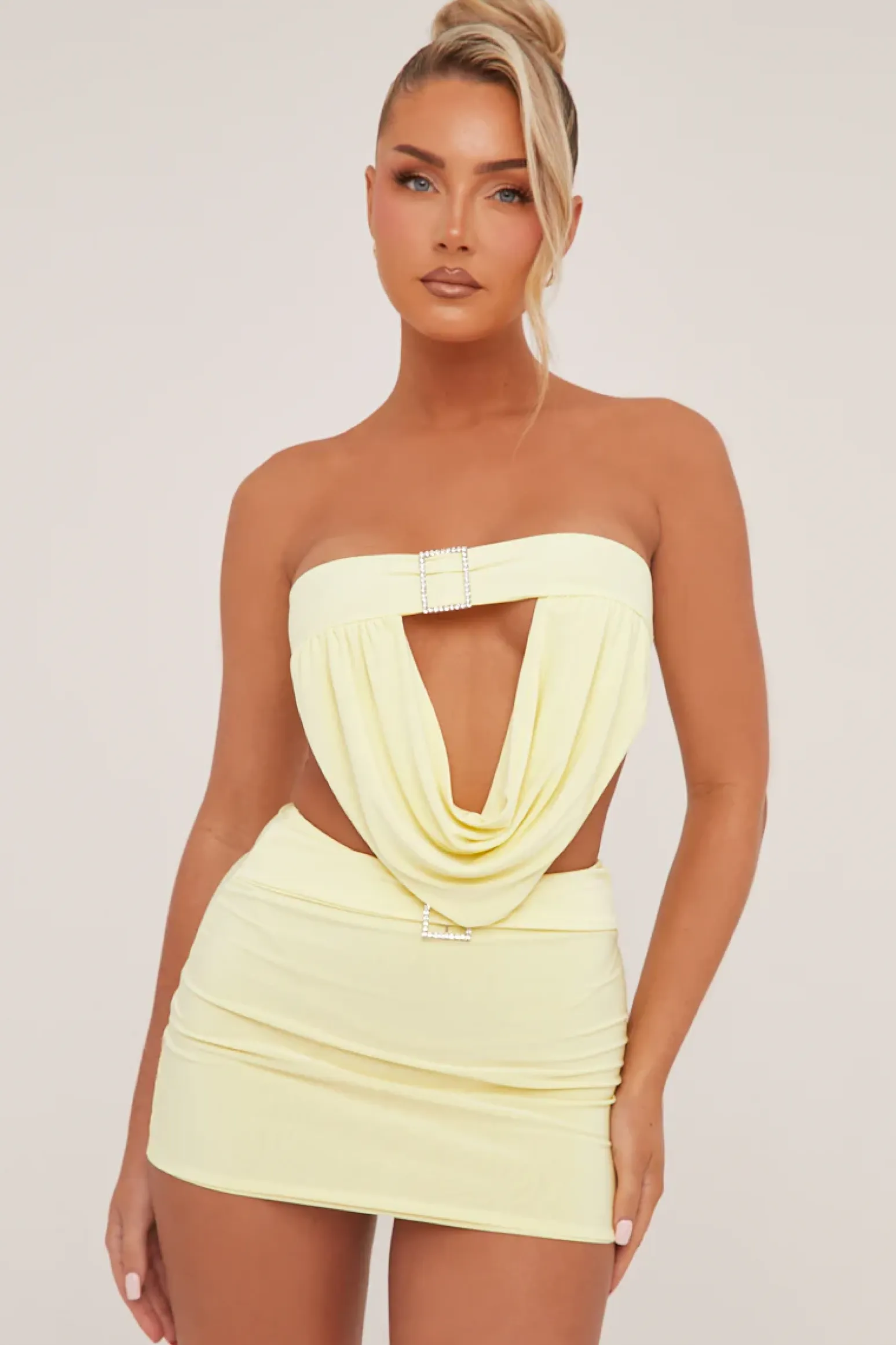 Rebellious Fashion Yellow Buckle Detail Cropped Top & Mini Skirt Co-ord Set - Charlotte