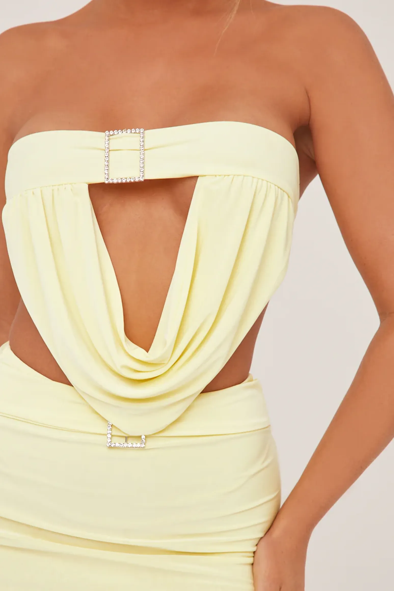 Rebellious Fashion Yellow Buckle Detail Cropped Top & Mini Skirt Co-ord Set - Charlotte