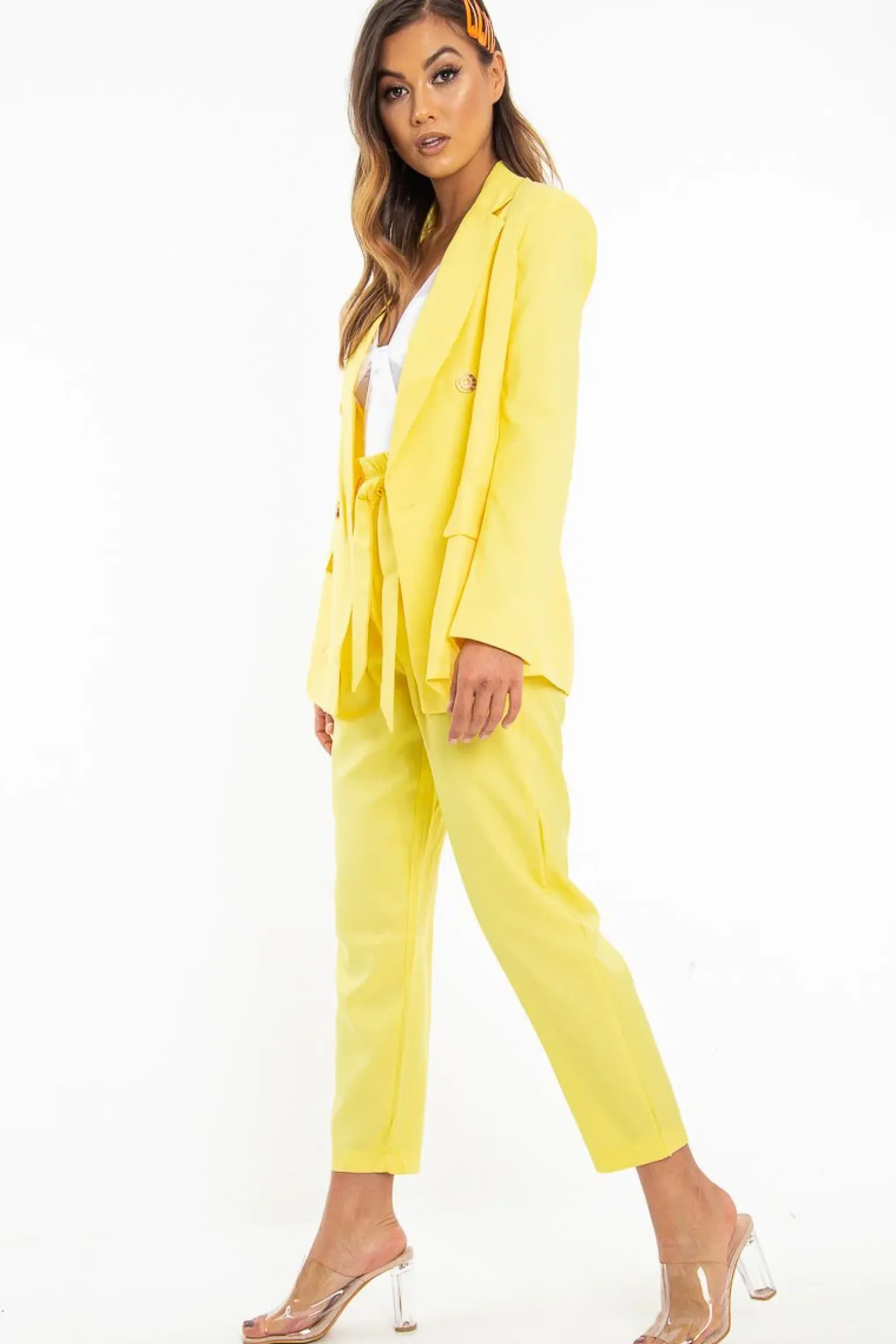 Rebellious Fashion Yellow Button Front Blazer Belted Trousers Suit Co-Ord - Millie