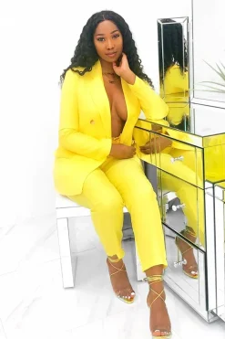 Rebellious Fashion Yellow Button Front Blazer Belted Trousers Suit Co-Ord - Millie