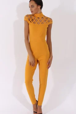 Rebellious Fashion Yellow Cage Detail Jumpsuit - Aurelia