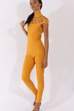 Rebellious Fashion Yellow Cage Detail Jumpsuit - Aurelia