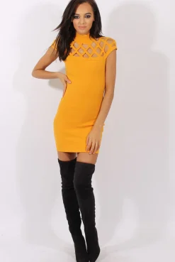 Rebellious Fashion Yellow Cage High Neck Bodycon Dress- Kade
