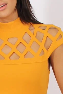 Rebellious Fashion Yellow Cage High Neck Bodycon Dress- Kade