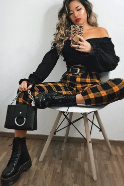 Rebellious Fashion Yellow Check Belted Tapered Trousers - Reanne