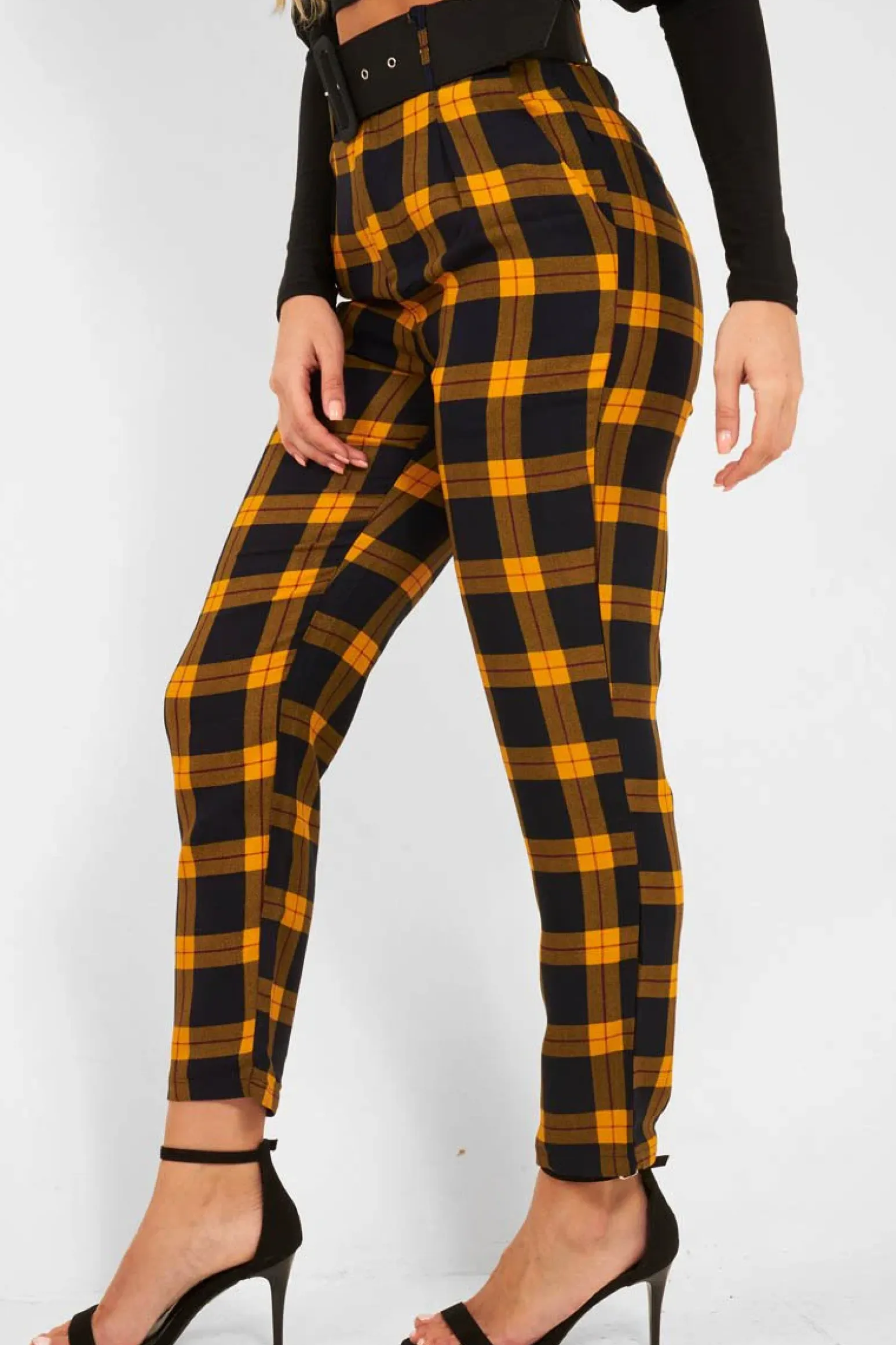 Rebellious Fashion Yellow Check Belted Tapered Trousers - Reanne