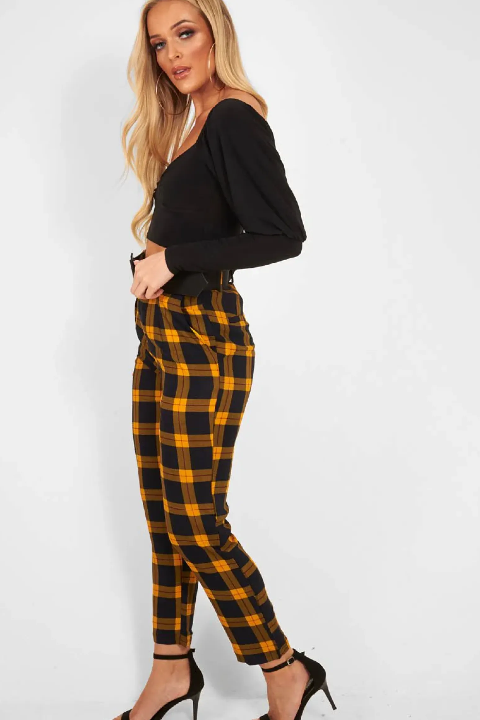 Rebellious Fashion Yellow Check Belted Tapered Trousers - Reanne
