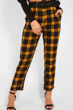 Rebellious Fashion Yellow Check Belted Tapered Trousers - Reanne