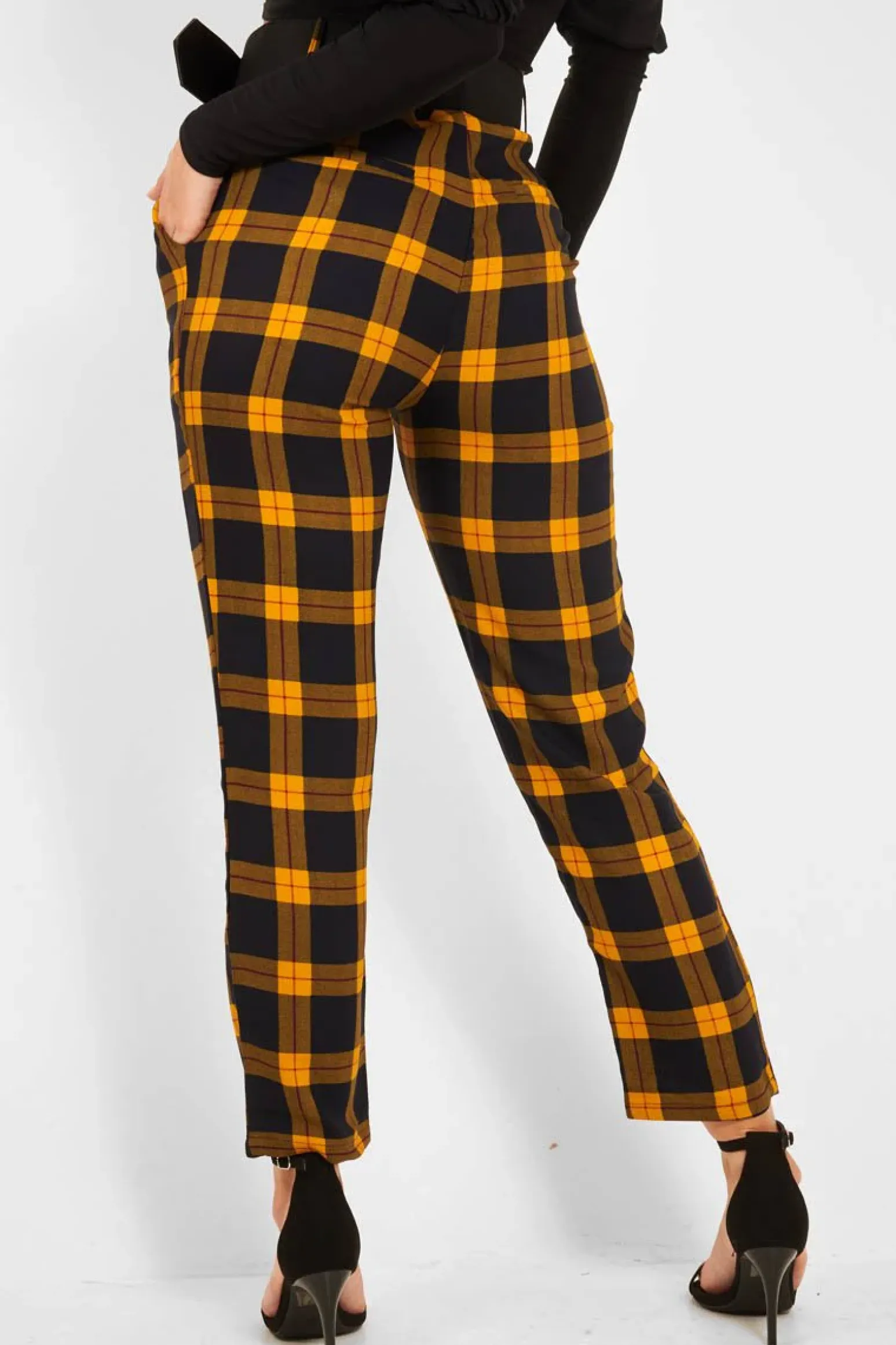 Rebellious Fashion Yellow Check Belted Tapered Trousers - Reanne