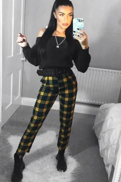 Rebellious Fashion Yellow Check Belted Tapered Trousers - Reanne