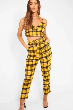 Rebellious Fashion Yellow Check Bralet And Belted Trouser Co-ord - Brilyn