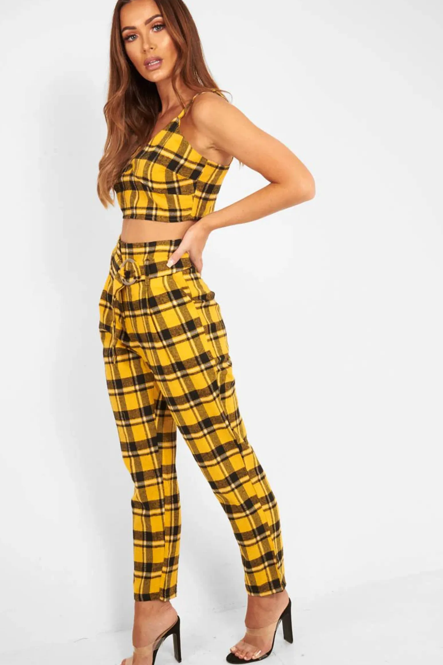 Rebellious Fashion Yellow Check Bralet And Belted Trouser Co-ord - Brilyn