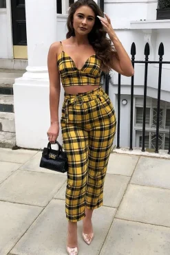 Rebellious Fashion Yellow Check Bralet And Belted Trouser Co-ord - Brilyn