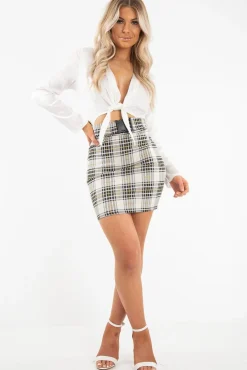 Rebellious Fashion Yellow Check Buckle Front Knitted Mini Skirt - Eisley
