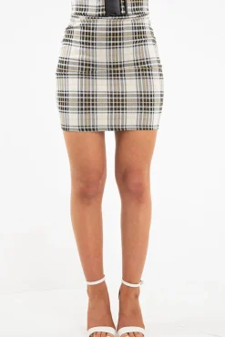 Rebellious Fashion Yellow Check Buckle Front Knitted Mini Skirt - Eisley