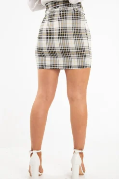 Rebellious Fashion Yellow Check Buckle Front Knitted Mini Skirt - Eisley