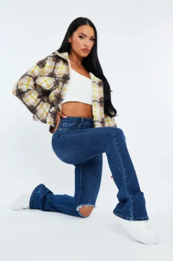 Rebellious Fashion Yellow Checked Cropped Pocket Front Shacket - Ebonni