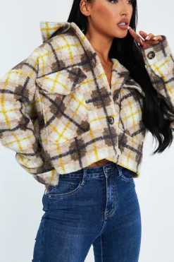 Rebellious Fashion Yellow Checked Cropped Pocket Front Shacket - Ebonni