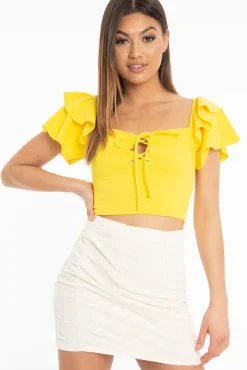 Rebellious Fashion Yellow Cold Shoulder Lace Up Bardot Crop Top - Kenndra