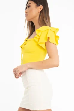 Rebellious Fashion Yellow Cold Shoulder Lace Up Bardot Crop Top - Kenndra