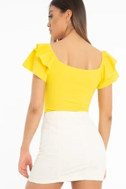 Rebellious Fashion Yellow Cold Shoulder Lace Up Bardot Crop Top - Kenndra