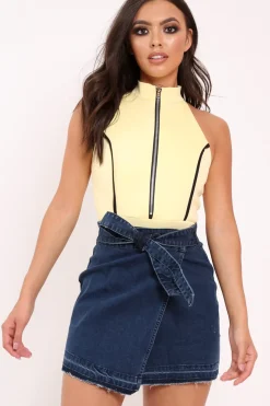 Rebellious Fashion Yellow Contrast Zip Front Bodysuit - Odine