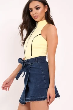 Rebellious Fashion Yellow Contrast Zip Front Bodysuit - Odine