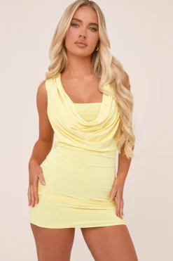 Rebellious Fashion Yellow Cowl Neck Sleeveless Bodycon Mini Dress - Clara