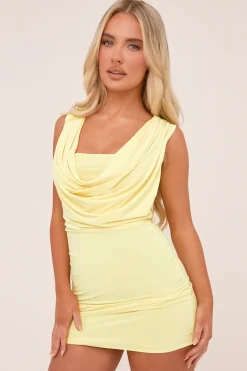 Rebellious Fashion Yellow Cowl Neck Sleeveless Bodycon Mini Dress - Clara