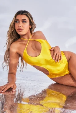 Rebellious Fashion Yellow Cut Out Waist Halter Neck Swimsuit - Tiana